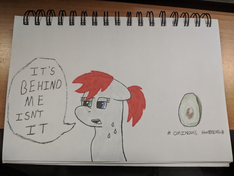 Size: 4032x3024 | Tagged: safe, artist:pinkamenace, derpibooru import, oc, oc:golden lotus, pony, avocado, dialogue, food, solo, sweat, traditional art