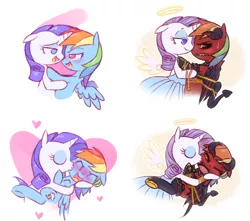 Size: 1714x1518 | Tagged: safe, artist:raridashdoodles, derpibooru import, rainbow dash, rarity, pegasus, pony, unicorn, angel, angel x devil, blushing, devil, do not want, eyes closed, female, heart, hug, kissing, lesbian, looking at each other, open mouth, raridash, raridom, shipping, tsundere