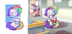 Size: 1806x872 | Tagged: safe, artist:raridashdoodles, derpibooru import, rainbow dash, rarity, twilight sparkle, pegasus, pony, carrying, chair, classroom, clothes, desk, eyes closed, female, heart, holding a pony, hug, lesbian, love letter, notes, pencil, pleated skirt, raridash, school, school uniform, shipping, skirt, smiling, socks