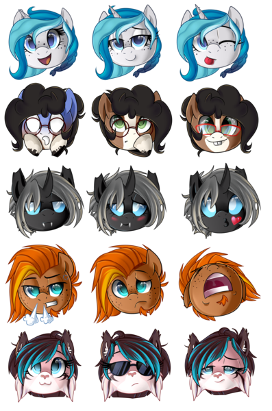 Size: 1739x2626 | Tagged: safe, artist:lupulrafinat, derpibooru import, oc, oc:bubble lee, oc:imago, oc:singe, oc:walter nutt, unofficial characters only, changeling, blushing, changeling oc, commission, emoji, fangs, female, furry, fursona, male, mare, non-mlp oc, oc emoji, simple background, stallion, sunglasses, tongue out, transparent background