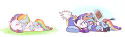 Size: 2388x706 | Tagged: suggestive, artist:raridashdoodles, derpibooru import, rainbow dash, rarity, pegasus, pony, unicorn, ancient wonderbolts uniform, blushing, clothes, cuddling, eyes closed, female, goggles, grass, hat, lesbian, looking at each other, raridash, riding crop, sgt. rarity, shipping, simple background, sleeping, snuggling, spanking, uniform, wonderbolts uniform