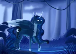 Size: 2912x2059 | Tagged: safe, artist:jacobdawz, derpibooru import, princess luna, alicorn, pony, alternate design, female, forest, mare, missing accessory, night, solo