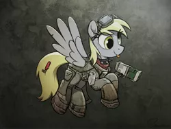 Size: 4000x3000 | Tagged: safe, artist:selenophile, derpibooru import, derpy hooves, pegasus, pony, :p, armor, bandana, clothes, collar, energy weapon, fallout, female, flying, goggles, hooves, jet, jet (drug), laser pistol, mare, shoes, silly, smiling, sneakers, solo, spiked collar, spread wings, tongue out, wasteland, weapon, wings