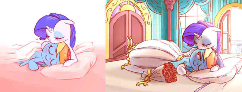 Size: 2078x790 | Tagged: safe, artist:raridashdoodles, derpibooru import, rainbow dash, rarity, pegasus, pony, unicorn, blushing, clothes, comparison, dress, female, flower, lesbian, pillow, princess, raridash, rose, shipping, sleeping, smiling, suit, wedding dress, wedding veil