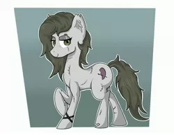 Size: 4096x3198 | Tagged: safe, artist:waffletheheadmare, derpibooru import, oc, oc:eviza, unofficial characters only, earth pony, pony, band, cel shading, cutie mark, eyebrows, eyelashes, eyeshadows, female, full body, gray coat, gray eyes, gray mane, grey hair, half-closed eyes, injured, mare, scar, shading, simple background, smiling, torn ear