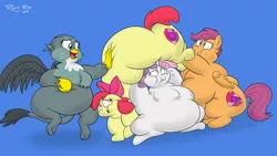 Size: 2560x1440 | Tagged: safe, artist:rupertbluefox, derpibooru import, apple bloom, gabby, scootaloo, sweetie belle, earth pony, gryphon, pegasus, pony, unicorn, "flab"y, apple blob, belly, big belly, blue background, chubby cheeks, cutie mark, cutie mark crusaders, fat, female, filly, obese, scootalard, simple background, sweetie belly, the cmc's cutie marks