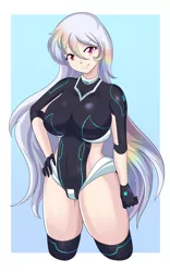Size: 2419x3884 | Tagged: alternate hairstyle, alternate universe, artist:thebrokencog, big breasts, breasts, busty rainbow dash, clothes, collar, corrupted, curvy, derpibooru import, gloves, hourglass figure, human, humanized, implied rainbow dash, leotard, long hair, looking at you, oc, oc:lunar rainbow, rainbow dash, safe, series:nightmare war, skintight clothes, smiling