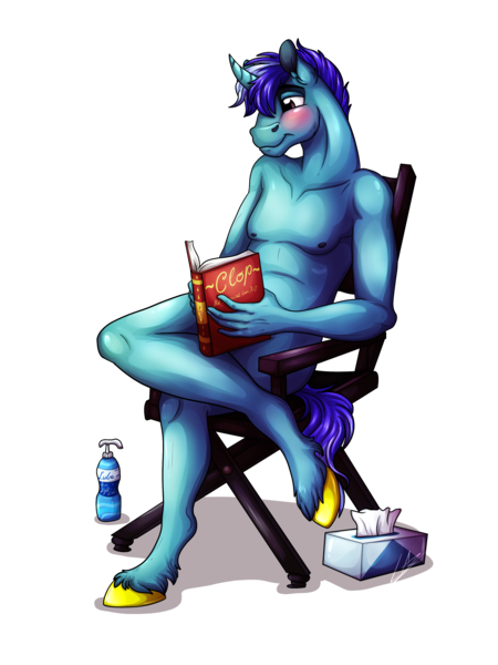 Size: 3000x4000 | Tagged: anthro, anthro oc, artist:lupiarts, blushing, bottle, chair, clop, clopfic, commission, derpibooru import, director, director's chair, lube, male, nudity, oc, oc:cloudybrony, reading, solo, solo male, suggestive, tissue box, tissue paper