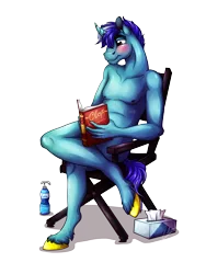 Size: 3000x4000 | Tagged: anthro, anthro oc, artist:lupiarts, blushing, bottle, chair, clop, clopfic, commission, derpibooru import, director, director's chair, lube, male, nudity, oc, oc:cloudybrony, reading, solo, solo male, suggestive, tissue box, tissue paper