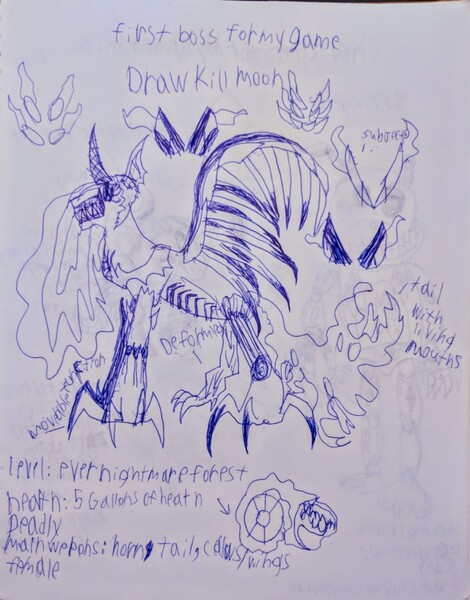 Size: 1306x1666 | Tagged: semi-grimdark, artist:takengrin endmmar, derpibooru import, nightmare moon, oc, oc:draw kill moon, unofficial characters only, pony, edgy, old design, pen drawing, sweetie belle's nightmare, tail mouth, traditional art, wtf