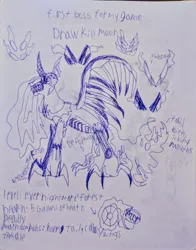 Size: 1306x1666 | Tagged: semi-grimdark, artist:takengrin endmmar, derpibooru import, nightmare moon, oc, oc:draw kill moon, unofficial characters only, pony, edgy, old design, pen drawing, sweetie belle's nightmare, tail mouth, traditional art, wtf