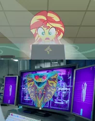 Size: 1014x1289 | Tagged: safe, derpibooru import, edit, edited screencap, screencap, sunset shimmer, snake, equestria girls, friendship games, the science of magic, computer, evox, laptop computer, oh crap face, power rangers, power rangers beast morphers, solo, spoilers for another series, sunset the science gal