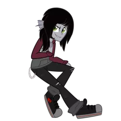 Size: 894x894 | Tagged: safe, artist:wubcakeva, derpibooru import, ponified:kellin quinn, siren, equestria girls, chains, clothes, commission, equestria girls-ified, grin, hoodie, jeans, looking at you, male, pants, raised leg, ripped jeans, shoes, simple background, sleeping with sirens, slit eyes, smiling, sneakers, solo, transparent background