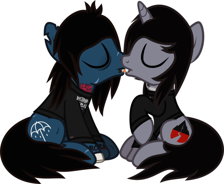 Size: 1443x1187 | Tagged: suggestive, artist:lightningbolt, derpibooru import, ponified, ponified:kellin quinn, ponified:oliver sykes, earth pony, pony, undead, unicorn, zombie, zombie pony, .svg available, bags under eyes, blood, blood stains, bone, bring me the horizon, clothes, disguise, disguised siren, drool, drop dead clothing, eyes closed, fangs, french kiss, gay, horn, jewelry, kissing, lip piercing, long sleeves, male, necklace, open mouth, piercing, raised hoof, scar, shipping, shirt, simple background, sitting, sleeping with sirens, stallion, stitches, svg, tattoo, tongue out, transparent background, vector