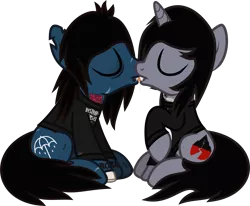 Size: 1443x1187 | Tagged: suggestive, artist:lightningbolt, derpibooru import, ponified, ponified:kellin quinn, ponified:oliver sykes, earth pony, pony, undead, unicorn, zombie, zombie pony, .svg available, bags under eyes, blood, blood stains, bone, bring me the horizon, clothes, disguise, disguised siren, drool, drop dead clothing, eyes closed, fangs, french kiss, gay, horn, jewelry, kissing, lip piercing, long sleeves, male, necklace, open mouth, piercing, raised hoof, scar, shipping, shirt, simple background, sitting, sleeping with sirens, stallion, stitches, svg, tattoo, tongue out, transparent background, vector