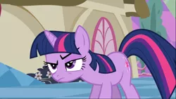 Size: 1668x939 | Tagged: safe, derpibooru import, screencap, twilight sparkle, pony, unicorn, the return of harmony, chaos, discorded landscape, female, mare, raised eyebrow, solo, twilight is not amused, unamused, unicorn twilight