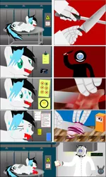 Size: 3027x5046 | Tagged: semi-grimdark, artist:wheatley r.h., derpibooru import, oc, oc:sturdy diablo, oc:zaincard, unofficial characters only, pegasus, pony, box, comic, crying, cutie mark, duct tape, flesh, food, green eyes, hand, it's not what it looks like, kitchen, knife, lying down, magnet, male, mouth hold, onion, pegasus oc, pegasus wings, personality core, portal (valve), portal 2, recipe, refrigerator, sandwich, spanish, spanish text, sweat, tape, teeth, terror, tied, tomato, trolley, two toned mane, two toned tail, vector, watermark, wheatley, wings