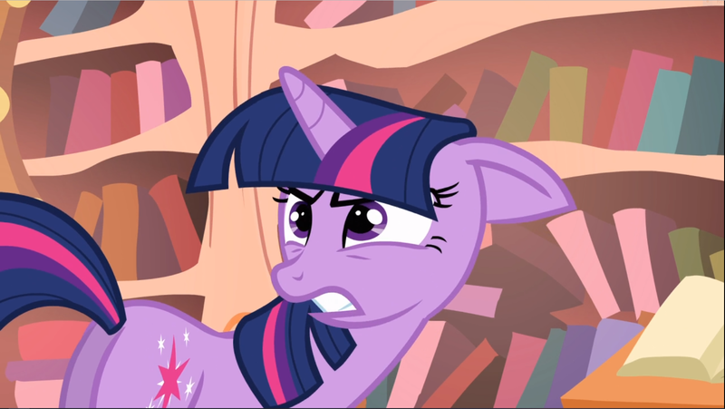 Size: 1668x940 | Tagged: safe, derpibooru import, screencap, twilight sparkle, pony, unicorn, the return of harmony, angry, bookshelf, butt, female, floppy ears, golden oaks library, gritted teeth, mare, plot, solo, twilight is not amused, unamused, unicorn twilight