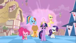 Size: 1668x938 | Tagged: safe, derpibooru import, screencap, applejack, fluttershy, pinkie pie, rainbow dash, rarity, twilight sparkle, earth pony, pegasus, pony, unicorn, the return of harmony, big crown thingy, chaos, discorded landscape, element of generosity, element of honesty, element of kindness, element of laughter, element of loyalty, element of magic, elements of harmony, eyes closed, female, glowing horn, group, horn, jewelry, light, magic, mane six, mare, necklace, purple sky, regalia, unicorn twilight