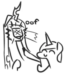 Size: 305x350 | Tagged: safe, artist:jargon scott, derpibooru import, princess cadance, queen chrysalis, alicorn, changeling, changeling queen, pony, bugs doing bug things, c:, eyes closed, female, flyswatter, hitting, hoof hold, lineart, mare, monochrome, oof, simple background, sketch, smiling, white background