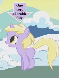 Size: 438x584 | Tagged: safe, derpibooru import, edit, edited screencap, screencap, dinky hooves, pony, unicorn, winter wrap up, arrow, blank flank, captain obvious, cropped, cute, dinkabetes, excited, female, filly, happy, looking up, open mouth, pronking, smiling, snow, solo, text