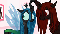 Size: 1366x768 | Tagged: safe, artist:mixermike622, derpibooru import, edit, queen chrysalis, changeling queen oc, oc, oc:marksaline, changeling, changeling queen, pony, tumblr:ask fluffle puff, ..., adorkable, animated, anxiety, confused, cute, cutealis, dork, dorkalis, duo, eye contact, faic, fear, female, heavy breathing, horn, horns are touching, hyperventilating, intimidating, looking at each other, loop, majestic as fuck, mare, menacing, misunderstanding, nervous, panic, panic attack, ptsd, red changeling, scared, shrunken pupils, silly, silly pony, smiling, smirk, spread wings, standing, wide eyes, wings, worried