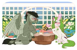 Size: 3045x1970 | Tagged: safe, artist:earthsong9405, deleted from derpibooru, derpibooru import, oc, oc:brooke, oc:marshall, unofficial characters only, pegasus, pony, unicorn, coat markings, colored hooves, commission, cup, duo, female, flower, food, hoof on chest, magic, magic aura, male, mare, one eye closed, realistic horse legs, sitting, stallion, tea, teacup, teapot, telekinesis