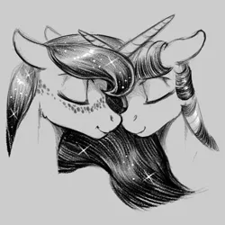 Size: 900x900 | Tagged: safe, artist:amarynceus, deleted from derpibooru, derpibooru import, princess luna, twilight sparkle, twilight sparkle (alicorn), alicorn, pony, boop, bust, cheek fluff, eyes closed, female, floppy ears, freckles, gray background, grayscale, horn, horns are touching, lesbian, mare, monochrome, noseboop, nuzzling, portrait, shipping, simple background, twiluna