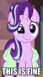 Size: 540x960 | Tagged: safe, derpibooru import, edit, edited screencap, screencap, starlight glimmer, pony, unicorn, all bottled up, bag, caption, cropped, female, image macro, mare, saddle bag, solo, text, this is fine