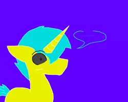 Size: 1074x854 | Tagged: safe, artist:eeveeglaceon, derpibooru import, oc, oc:assassin, oc:old assassin, unofficial characters only, pony, unicorn, tumblr:the sun has inverted, ..., 8l, 8|, blue background, brighter coat, brighter hair, color change, corrupted, horn, indigo background, inverted, inverted colors, lighter coat, lighter hair, male, possessed, possession, purple background, red eye, sidemouth, simple background, sky blue hair, solo, tumblr, unicorn oc, violet background, wide eyes, word balloon, word bubble, yellow coat