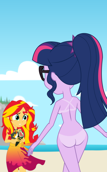 Size: 1317x2100 | Tagged: artist needed, source needed, suggestive, derpibooru import, sci-twi, sunset shimmer, twilight sparkle, equestria girls, beach, bikini, breasts, butt, clothed female nude female, clothes, exhibitionism, female, food, glasses, nudity, ocean, public nudity, sarong, sideboob, skirt, sushi, swimsuit, tan lines