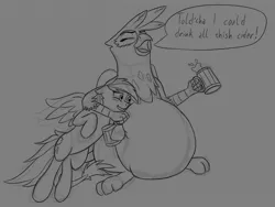 Size: 860x647 | Tagged: suggestive, artist:8aerondight8, derpibooru import, gilda, rainbow dash, gryphon, pegasus, pony, alcohol, beer, belly, belly inflation, big belly, bloated, blushing, cider, dialogue, drunk, drunker dash, duo, female, females only, grayscale, hug, inflation, lip bite, monochrome, mug, sketch, squishy, tankard