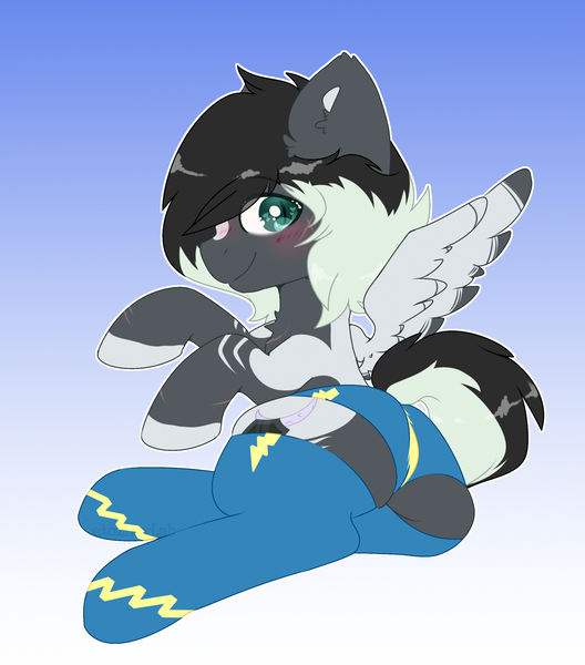 Size: 2200x2500 | Tagged: suggestive, artist:etoz, derpibooru import, oc, oc:spirit walker, unofficial characters only, pony, blushing, clothes, commission, gradient background, looking at you, male, panties, smiling, socks, solo, solo male, stallion, stockings, thigh highs, underwear, wings, wonderbolts stockings, ych result