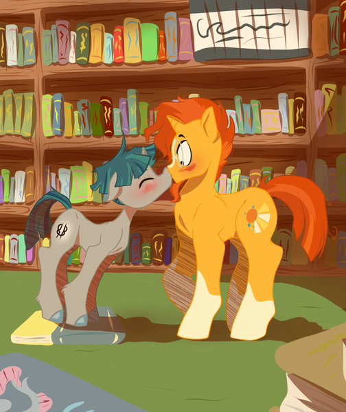 Size: 3024x3600 | Tagged: safe, artist:heyerika, derpibooru import, stygian, sunburst, pony, unicorn, backwards cutie mark, beard, blaze (coat marking), blushing, book, bookshelf, boop, colored hooves, crack shipping, cute, embarrassed, everyone is gay for sunburst, eyes closed, facial hair, floppy ears, gay, glasses, horn, kissing, leg fluff, library, male, noseboop, raised hoof, shipping, shrunken pupils, size difference, socks (coat marking), stallion, styburst, stygianbetes, sunbetes, surprise kiss, surprised, sweet dreams fuel, wide eyes