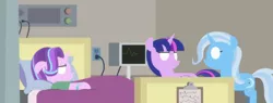 Size: 2338x887 | Tagged: safe, anonymous artist, derpibooru import, starlight glimmer, trixie, twilight sparkle, twilight sparkle (alicorn), alicorn, pony, bed, caption this, clipboard, female, heart monitor, hospital bed, hospital room, lineless, mare, no mouth, starlight is not amused, twilight is not amused, unamused
