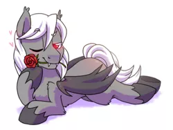 Size: 1000x750 | Tagged: safe, artist:paperbagpony, derpibooru import, oc, oc:dracula, bat pony, pony, vampire, bat pony oc, bat wings, butt blush, flower, flower in mouth, heart, male, mouth hold, red eyes, rose, rose in mouth, simple background, stallion, white background, wings