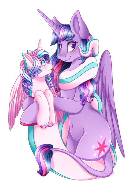 Size: 2119x3009 | Tagged: safe, artist:mailner, derpibooru import, princess flurry heart, twilight sparkle, twilight sparkle (alicorn), alicorn, lamia, original species, semi-anthro, snake, snake pony, aunt and niece, belly button, best aunt ever, child, coils, cute, fangs, forced smile, forked tongue, grin, hooves, lamiafied, leonine tail, ophidiophobia, redesign, scared, slit eyes, smiling, snake eyes, species swap, spell gone wrong, tongue out, unshorn fetlocks