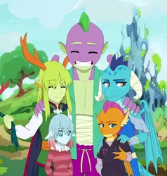 Size: 1691x1776 | Tagged: safe, artist:fantasygerard2000, derpibooru import, ocellus, pharynx, princess ember, smolder, spike, thorax, anthro, changedling, changeling, dragon, anthro dragon, bandage, bisexual, cape, changedling brothers, changeling kingdom, clothes, dragon lord ember, emberspike, embrax, family photo, female, gay, headcanon, hoodie, horns, humanoid, interspecies, king thorax, king thorax the fabulous, male, polyamory, prince pharynx, shipping, spembrax, straight, sweater, thoraxspike, wings
