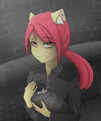 Size: 2500x3000 | Tagged: anthro, apple bloom, artist:shimmi, bags under eyes, blood, cat, clothes, dead, derpibooru import, implied murder, older, older apple bloom, rain, semi-grimdark, solo, tuxedo cat