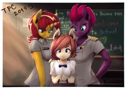 Size: 4961x3508 | Tagged: safe, artist:blackligerth, derpibooru import, sunset shimmer, tempest shadow, oc, anthro, unicorn, anthro oc, broken horn, clothes, female, horn, mare, school uniform, smiling