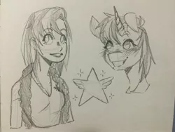 Size: 4032x3024 | Tagged: safe, artist:armadillo_doodles, derpibooru import, oc, oc:enterprise, human, pony, unicorn, fanfic:dreamers and the moon, humanized, solo, traditional art