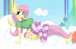 Size: 2013x1305 | Tagged: suggestive, artist:lil miss jay, derpibooru import, fluttershy, anthro, bat pony, ass, big breasts, blushing, breasts, busty fluttershy, butt, clothes, cloud, female, floating wings, flutterbat, huge breasts, lipstick, looking at you, panties, race swap, shirt, signature, socks, solo, striped socks, stupid sexy fluttershy, t-shirt, thigh highs, thigh socks, underwear, wings