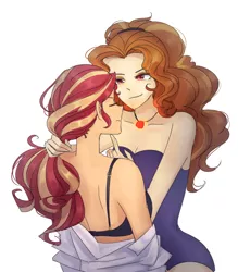 Size: 1400x1600 | Tagged: suggestive, artist:tcn1205, derpibooru import, adagio dazzle, sunset shimmer, human, equestria girls, bare shoulders, bra, breasts, chin stroke, clothes, eyes closed, female, gem, humanized, jewelry, lesbian, necklace, pony coloring, shipping, simple background, siren gem, sleeveless, strapless, sunsagio, underwear, white background