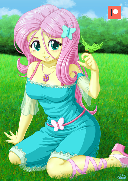 Size: 707x1000 | Tagged: safe, artist:uotapo, derpibooru import, fluttershy, bird, equestria girls, equestria girls series, beautiful, breasts, cleavage, clothes, cute, female, geode of fauna, grass, kneeling, looking at you, magical geodes, patreon, patreon logo, shyabetes, smiling, sweet dreams fuel, uotapo is trying to murder us, uotapo will kill us all