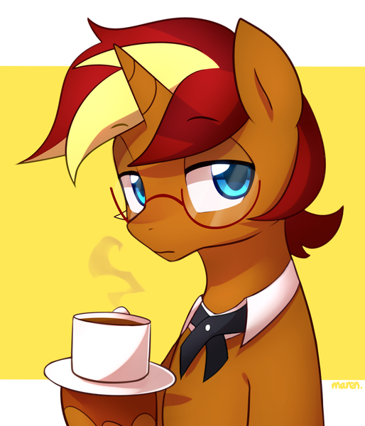 Size: 2056x2400 | Tagged: safe, artist:maren, derpibooru import, oc, oc:city roast, unofficial characters only, pony, unicorn, coffee, glasses, male, solo, stallion