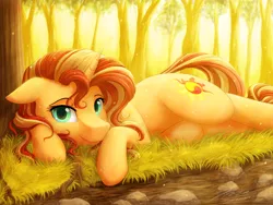 Size: 2828x2121 | Tagged: safe, artist:novaintellus, derpibooru import, sunset shimmer, pony, unicorn, cute, female, forest, high res, looking at you, lying down, mare, prone, shimmerbetes, side, smiling, solo