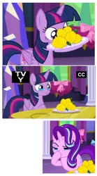 Size: 1108x2000 | Tagged: alicorn, boop, comic, crossing the memes, derpibooru import, edit, edited screencap, food, glimmerposting, lemon, lemonposting, meme, no second prances, plate, proper silverware placement, safe, screencap, screencap comic, self-boop, shitposting, starlight glimmer, the simpsons, twilight sparkle, twilight sparkle (alicorn)