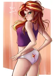 Size: 848x1200 | Tagged: suggestive, artist:the-park, derpibooru import, sunset shimmer, human, equestria girls, ass, blushing, breasts, bunset shimmer, butt, clothes, cutie mark, cutie mark underwear, female, looking back, midriff, panties, see-through, short shirt, simple background, solo, tanktop, underwear