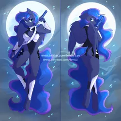 Size: 2000x2000 | Tagged: alicorn, anthro, armor, artist:fensu-san, body pillow, body pillow design, breasts, butt, clothes, derpibooru import, female, katana, mare, moonbutt, praise the moon, princess luna, solo, solo female, stupid sexy princess luna, suggestive, sword, unguligrade anthro, weapon