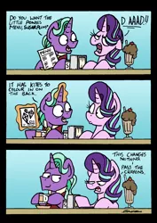 Size: 4437x6269 | Tagged: safe, artist:bobthedalek, derpibooru import, firelight, starlight glimmer, pony, unicorn, absurd resolution, chocolate milkshake, comic, cup, diner, duo, father and child, father and daughter, fathers gonna father, female, kite, male, mare, meme, menu, milkshake, smiling, smirk, stallion, teacup, that pony sure does love kites, unamused